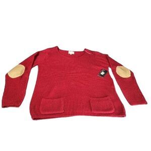 Debbie Morgan Red‎ Pullover Rib Sweater Sz L Elbow Patches LS Scoop Neck Acrylic